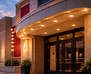 Illustrative cinema-inspired exterior architecture at dusk
