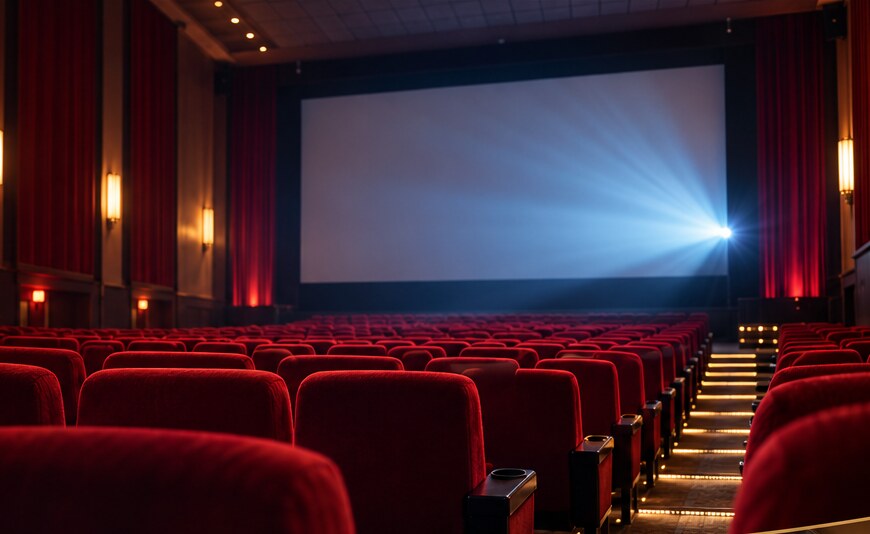 Illustrative cinema auditorium with rows of red seats and a glowing projection screen