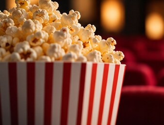 Illustrative striped popcorn carton with warm cinema lights behind it