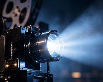 Illustrative vintage film projector casting a beam of light